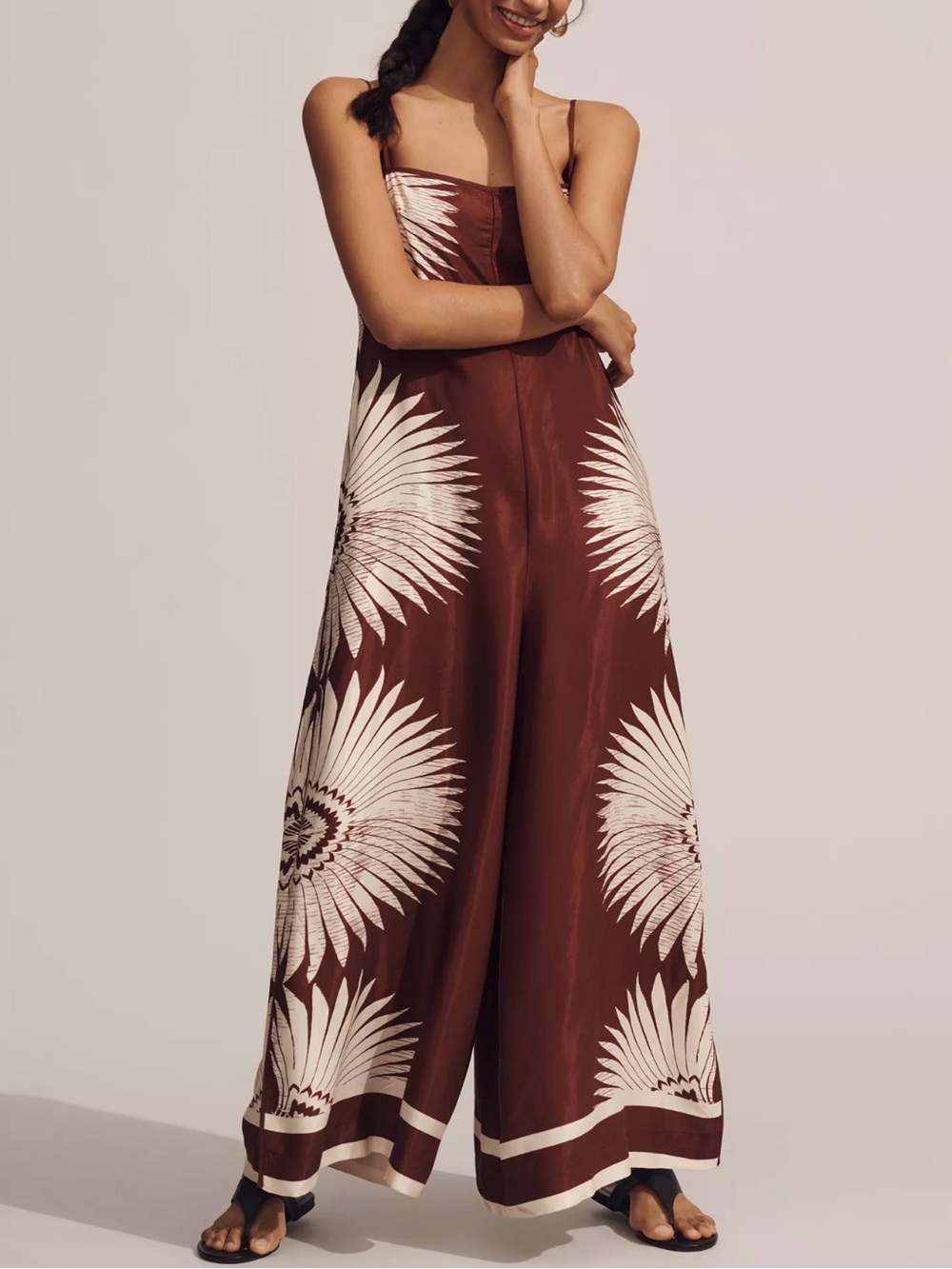 Anthropologie Brown Floral-Print Wide-Leg Jumpsuit